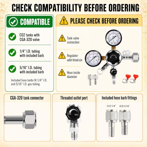 Dbgogo Dual Gauge CGA-320 CO2 Regulator for Kegerator - Threaded Fitting