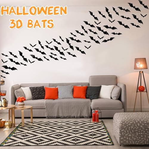 120 Pcs Halloween 3D Bat Wall Decals Waterproof Black Spider Decorations