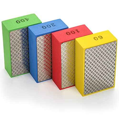 TOPZEA 4 Pack Diamond Hand Polishing Pads, 60/100/200/400 Grit Wet & Dry Sanding Blocks Sandpaper Sponge Tile Polishing Tools for Tiling Granite Marble Ceramic Glass