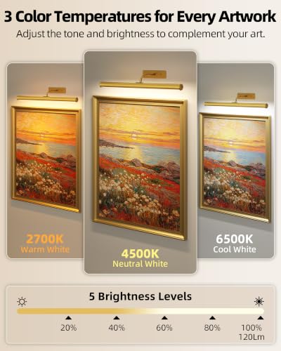 EZVALO 16 Inch Rechargeable Picture Light with Gold Finish, 6000mAh Battery, Adjustable Color & Brightness