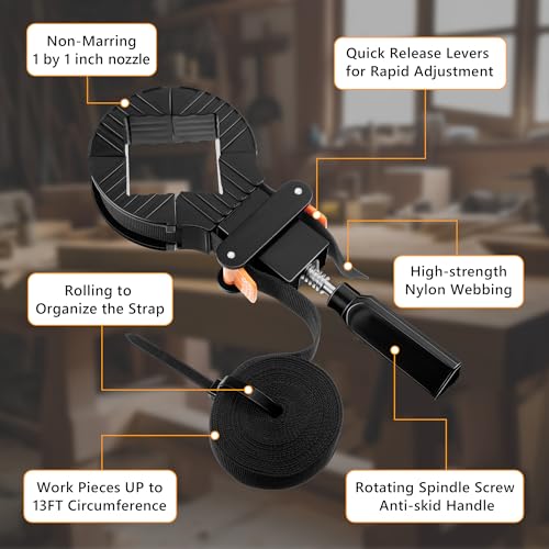 Feekoon 1 Pack 13 FT Belt Band Strap Clamps for Woodworking, Quick Release Band Clamps with 4 Corner Claws, Thick and Sturdy Belt Clamp, Adjustable Picture Frame Clamp Tool