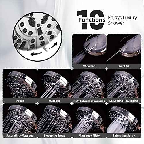 Shower Head,10 Functions High Pressure shower head with handheld, Built-in Pause Mode & 2 Power Wash, Non-Clogging Nozzles High Flow Hand Held Shower Head, Leakproof 6.5ft Hose&Metal Bracket