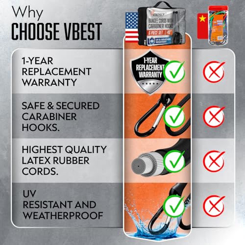 Heavy Duty Bungee Cords with Carabiner Hooks - 6 Pack Outdoor & Cargo Use