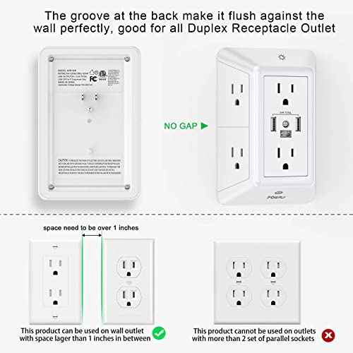 POWRUI Multi Plug 6 Outlet Surge Protector Extender with 3 USB Ports (1 USB C) and Night Light, 3-Sided Power Strip with Adapter Spaced Outlets, ETL Listed, White