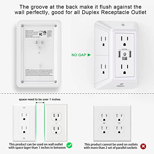 White POWRUI 6 Outlet Wall Extender with Night Light & 3 USB Ports - Space-Saving Power Strip
