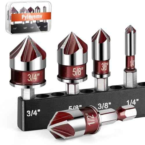 5Pcs Countersink Drill Bit Set, Premium Drill Bit with 82-Degree, 5 Flutes, Quick-Change Hex Shank, 1/4 Inch to 3/4 Inch Size, Counter Sink Bits for Wood, Metal, Plastic