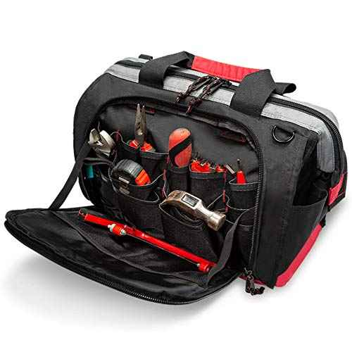 Waterproof Tool Bags for Men or Women, 16-inch Wide Mouth Tool Tote Bag with 25 Pockets for Tool Organizer & Storage, with Adjustable Shoulder Strap (16IN, Black/Red)
