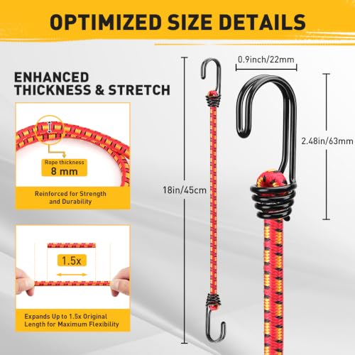ELEAD 18" Red Heavy Duty Bungee Cords with Hooks - 10 Pack for Camping, Kayaking, Garage