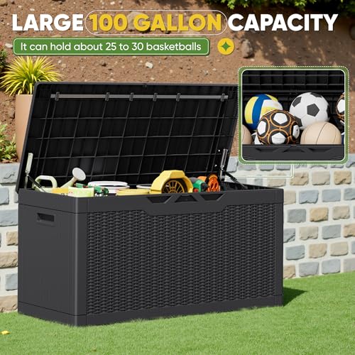 Greesum 100 Gallon Black Outdoor Storage Box with Lid, Lockable & Waterproof
