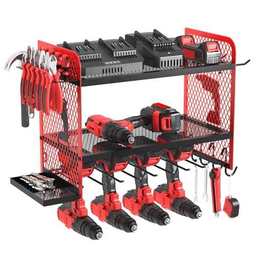 Power Tool Organizer Wall Mount Heavy Duty, 3 Tier 4 Drill Holder 17 Inch, Tool Holder and Storage Rack for Garage Organization (Red)