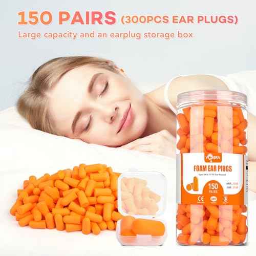 VOISEN 150 Pairs Foam Ear Plugs, Ear Plugs for Sleeping Noise Cancelling, 32dB NRR, 37dB SNR Earplugs for Sleeping, Snoring, Studying, Loud Events, Traveling & Concerts, A Storage Box, Orange