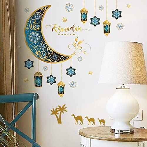 Ramadan Wall Stickers Islamic Muslim Wall Decals Eid Mubarak Ramadan Lantern Moon Star Window Decor for Home Living Room Bedroom Decorations Ramadan Wall Clings (Gold and Blue)