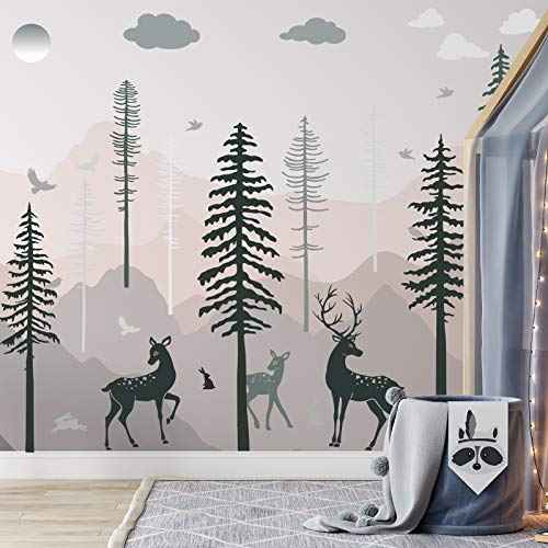 Zonon Wall Decal Forest Deer Wall Stickers Pine Tree Wall Decals Woodland Vinyl Wall Decor Sticker Decoration Bedroom Living Room Decor (15.7 x 35.4 Inch)