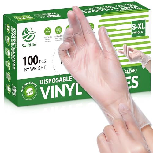 SWIFTLITE Disposable Vinyl Gloves - Food Safe, Medium, 100 Pack