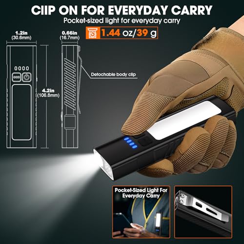 Rechargeable EDC Flat Flashlight with COB Light, UV Light & Super Bright LED Portable Pocket light, Waterproof, Mini Magnetic Flat EDC Flashlight with Clip for Working, Camping, Repairing Emergencies