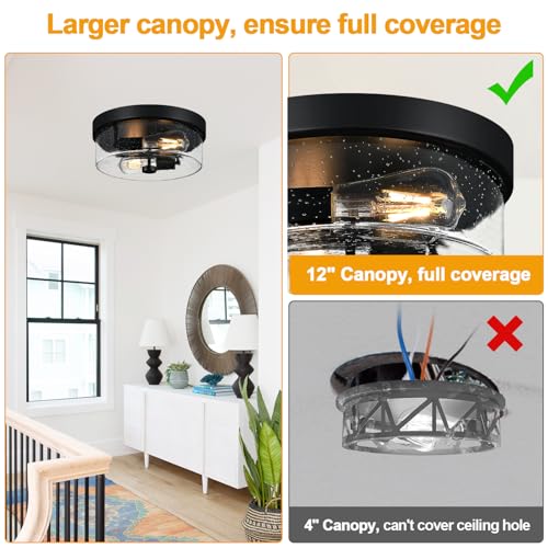 Matte Black Farmhouse 2-Light Flush Mount Ceiling Light Fixture with Seeded Glass Shade