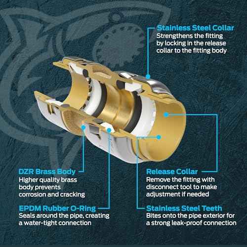 SharkBite Max 1/2 Inch Coupling, Push to Connect Brass Plumbing Fitting, PEX Pipe, Copper, CPVC, PE-RT, HDPE, UR008A