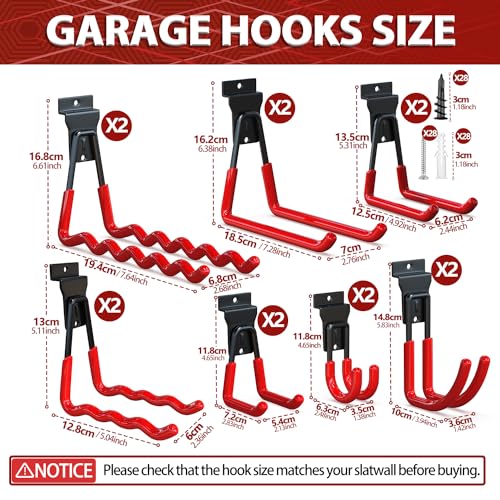 3-H Slatwall Accessories 14 Pack, Slatwall Hooks & Hangers 7 Sizes, Slat Wall Hanging Hooks, Proslat Accessories for Garage Wall Panels Organzing Garden Tools Chairs Ladder(Red)