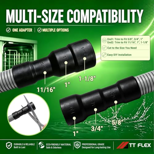 TTFLEX 6 ft Dishwasher Drain Hose — Flexible, Adjustable Inner Diameters 11/16, 1, 1-1/8 in