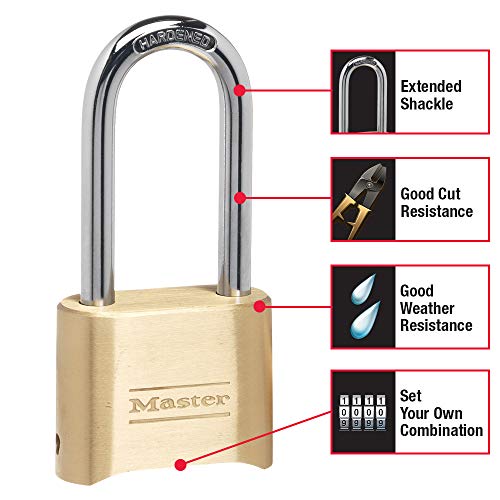 Master Lock Combination Padlock 175DLH Outdoor Brass Long Shackle 4 Digit