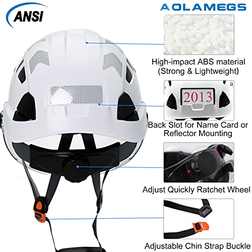 AOLAMEGS Construction Hard Hat with Visor - White Vented Hard Hats Construction OSHA Approved, ANSI Z89.1 ABS Safety Helmet,Adult Hardhats for Men Women,6 Point Suspension Hard Hat with Chin Strap
