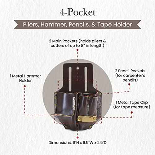 Style N Craft 4 Pocket Pliers, Hammer, Pencils & Tape Holder, Full-Grain Leather Tool Pouch, Multi Tool Holder, Dark Tan (#98017)