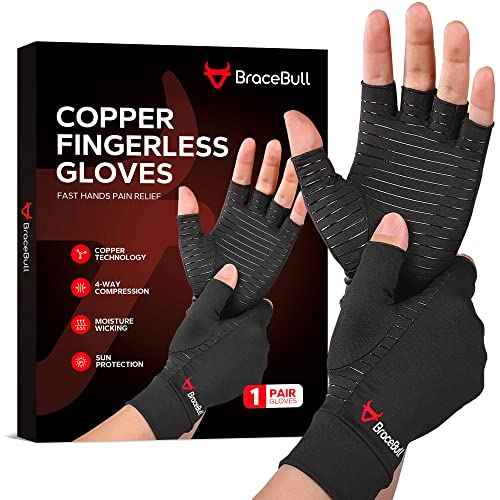 BraceBull Arthritis Gloves (1 Pair), Copper Infused Fingerless Compression Gloves, RSI and Relieve Hand Pain for Women & Men