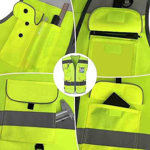TCCFCCT Safety Vest for Men Women 9 Pockets High Visibility Vest for Safety, Reflective Work Vest with Reflective Strips, Meets ANSI/ISEA Standards, (Yellow, Large)