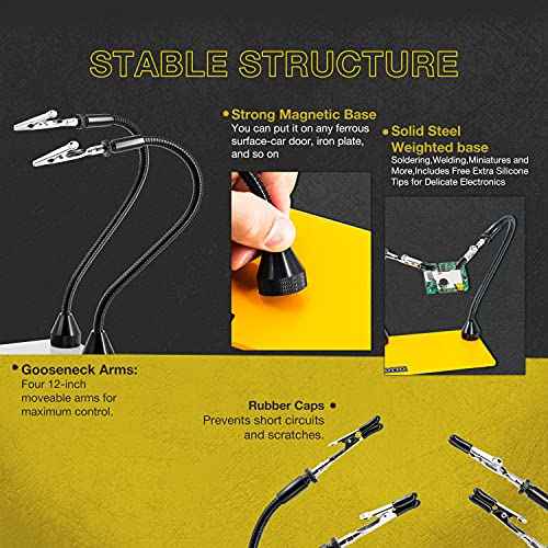 Fstop Labs Third Hand Soldering Tool PCB Holder Four Magnetic Based With Iron Holder, Flexible Metal Arms Helping Hands Crafts Jewelry Hobby Workshop Helping Station Non-Slip Steel Weighted Base