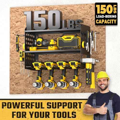 SPACECARE Power Tool Organizer, Drill Holder Wall Mount with 2 Side Pegboards with Hooks, 3 Layer Garage Organization Heavy Duty Tool Organizers Utility Rack for 4 Drill Holders Black