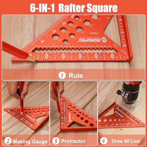 6-in-1 Carpenter Square 7 inch, Aluminum Rafter Square, Multi-Purpose
