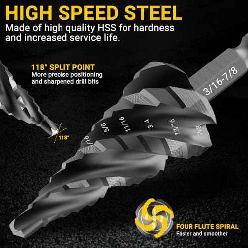Four Spiral Flute Step Drill Bit, HSS Step Drill Bits (3/16"-7/8") Unibit Step Drill Bit, 1/4" Shank Step Bits for Aluminum, Wood, Plastic, Metal