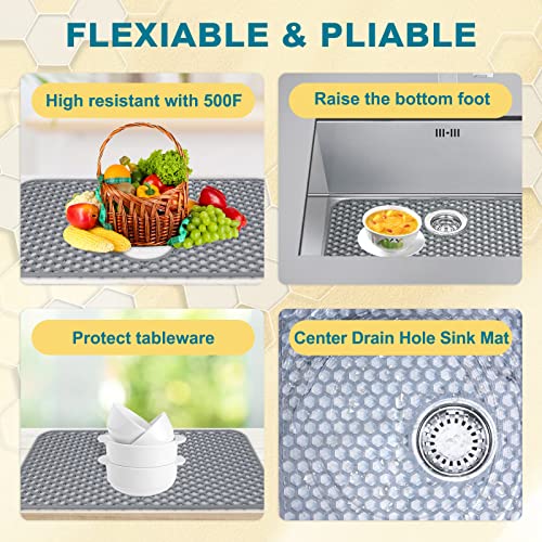Bestjing 26x14 Inch Silicone Sink Protector Mat for Farmhouse Kitchen Sink - Gray, 1 Pack