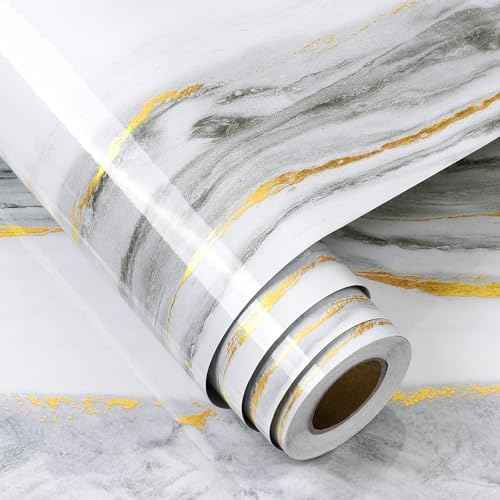 FunStick Gold White Marble Countertop Contact Paper Waterproof Marble Contact Paper for Countertops Cabinets Removable Marble Wallpaper Peel and Stick Countertops for Kitchen Bathroom Table 15.8"x80"