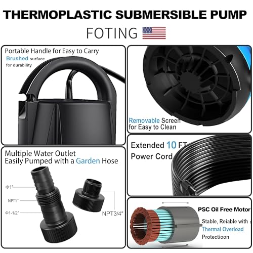 FOTING 1HP Sump Pump 4600GPH Submersible Dirty/Clean Water Pump