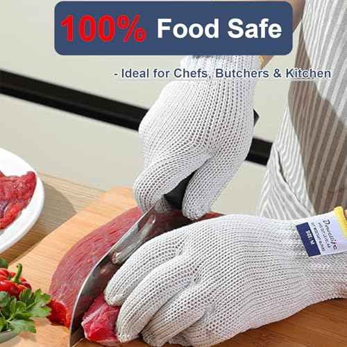 Dowellife Level 8 Reinforced Cut Resistant Gloves, Food Grade, Knife Safety Gloves for Meat Cutting, Oyster Shucking, Fish Fillet, Kitchen Slicing Carving, White, Large (Pack of 2)