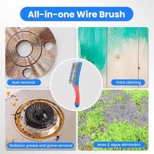4 Pack Wire Brush for Rust Removal & Paint Removal, Heavy Duty Stainless Steel Wire Brushes for Cleaning, Metal Wire Brush with Rubber Handle