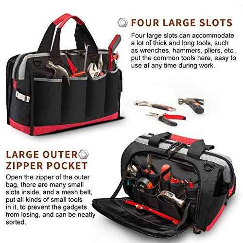 Waterproof Tool Bags for Men or Women, 16-inch Wide Mouth Tool Tote Bag with 25 Pockets for Tool Organizer & Storage, with Adjustable Shoulder Strap (16IN, Black/Red)