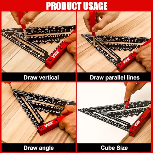 VNW 7-Inch Rafter Square with Black Bag, Aluminum 1/8" Precision Heavy-Duty Carpenter Pencil & Level Set