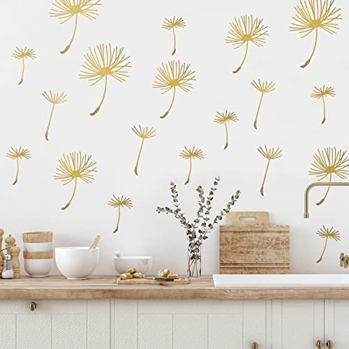 66 Pcs Wall Decals Peel and Stick Dandelion Wall Stickers Metallic Flower Murals Floral Decor Sticker for Bedroom Bathroom Living Room Nursery Office Decor(Gold,6 Pcs)