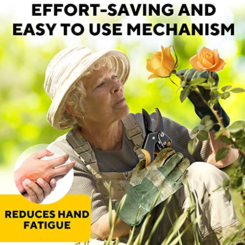 Gerossi Heavy Duty Ratchet Pruning Shears - Orange, 2-in-1 Garden Hand Pruner