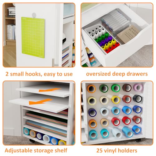 Vomavex Cricut Rolling Craft Cabinet with Vinyl Roll Holder | 31.6 x 15.8 x 33.7 in