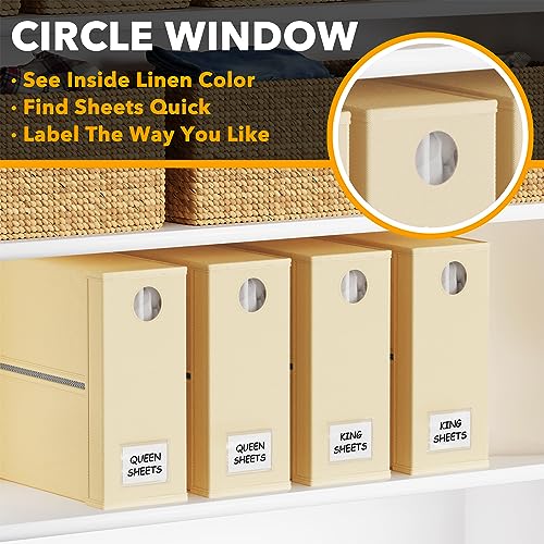 SpaceAid 4 Pack Bed Sheet Organizers and Storage, Foldable Sheet Organizer for Linen Closet, Sheets Set Folder Keeper with Window XL (Queen & King Size) Organizing Bedding Container, Beige