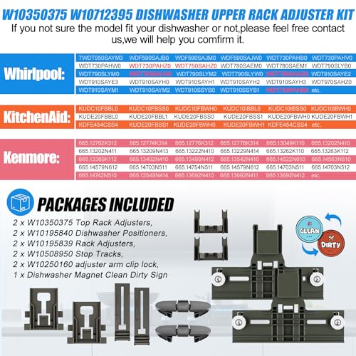 Whirlpool Top Rack Adjuster Replacement Parts W10350375 W10712395 – Upgraded Polymer Wheel Kit