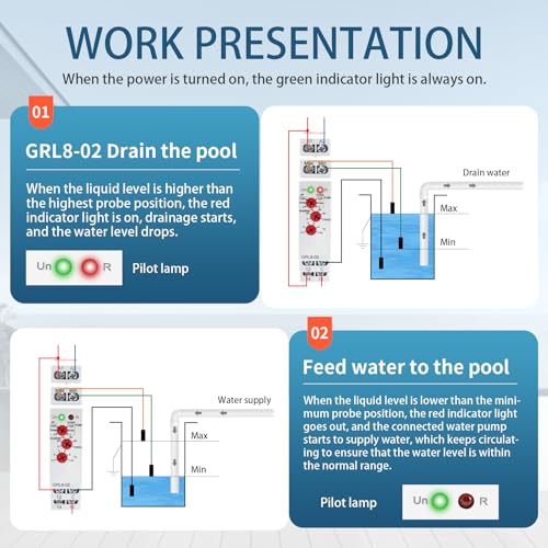 10A Liquid Level Control Relay GRL8-02 AC/DC 24V-240V Water Level Sensor Control Relay with 0.1S-10S Adjustable Time, Automatic UP and Down Liquid Level Controller with 5ft Detector Sensor