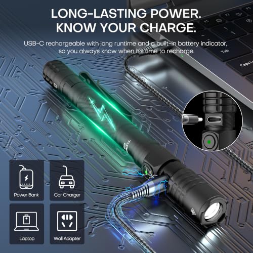 TUOWEE Black Rechargeable 1200 Lumens Tactical EDC Flashlight with Dual Modes