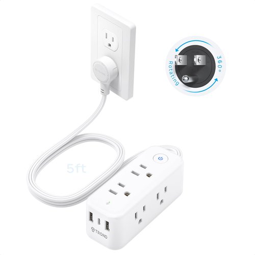 TROND 360° Rotating Flat Plug Power Strip, 6 Widely Spaced Outlets, 2 USB A and 1 USB C, 1440J Surge Protector, Wall Mountable, Extension Cord 5ft for Home Travel Office Dorm Room Essentials, White