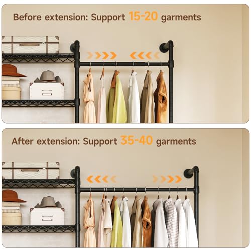 ONBRILL Black Wall Mounted Closet System Expandable Industrial Pipe Garment Rack
