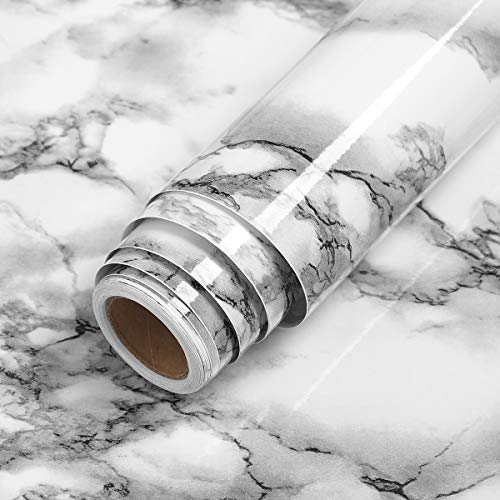 LaCheery White and Gray Marble Contact Paper for Bathroom Countertops Removable Glossy Marble Paper Granite Gray/White Wallpaper Peel and Stick for Wall Cabinets Counter Top Waterproof Vinyl 15.8"x80"