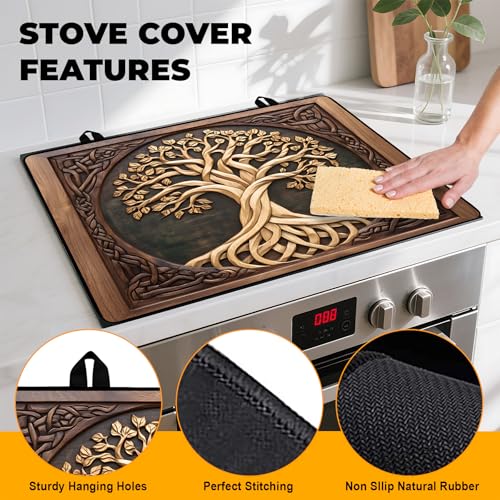 Tree of Life 28x20 Inch Stove Top Cover - BVBOX Non-Slip Silicone Protector, 2 in 1 Kitchen Mat for Stovetop & Countertop